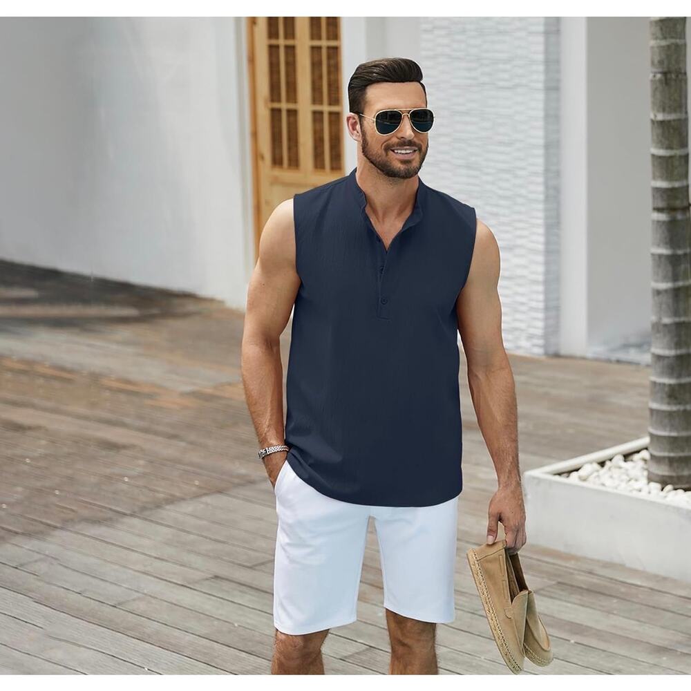 Hawalili Mens Sleeveless Henley Neck Beach Shirt Sky Blue Size XL - Picture 2 of 7